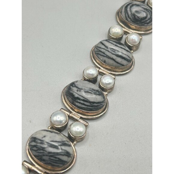 Grey Jasper & Pearls Bracelet Sterling Silver 925 Semi Rigid Long Toggle Clasp - Picture 4 of 8